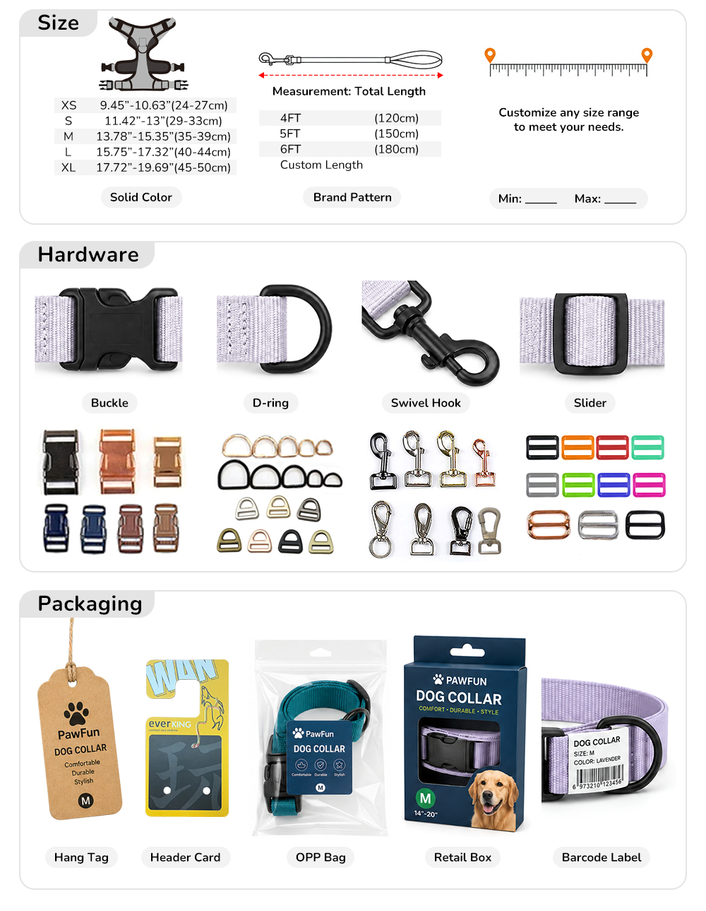 Custom sizes hardware and retail packaging options for saddle dog harnesses