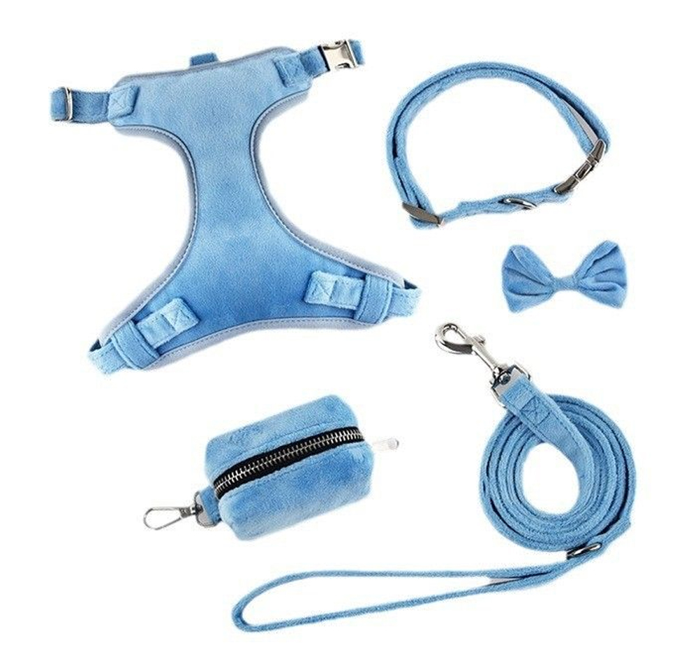 Plush velvet five-piece dog harness walking set with leash collar bow tie and waste bag holder