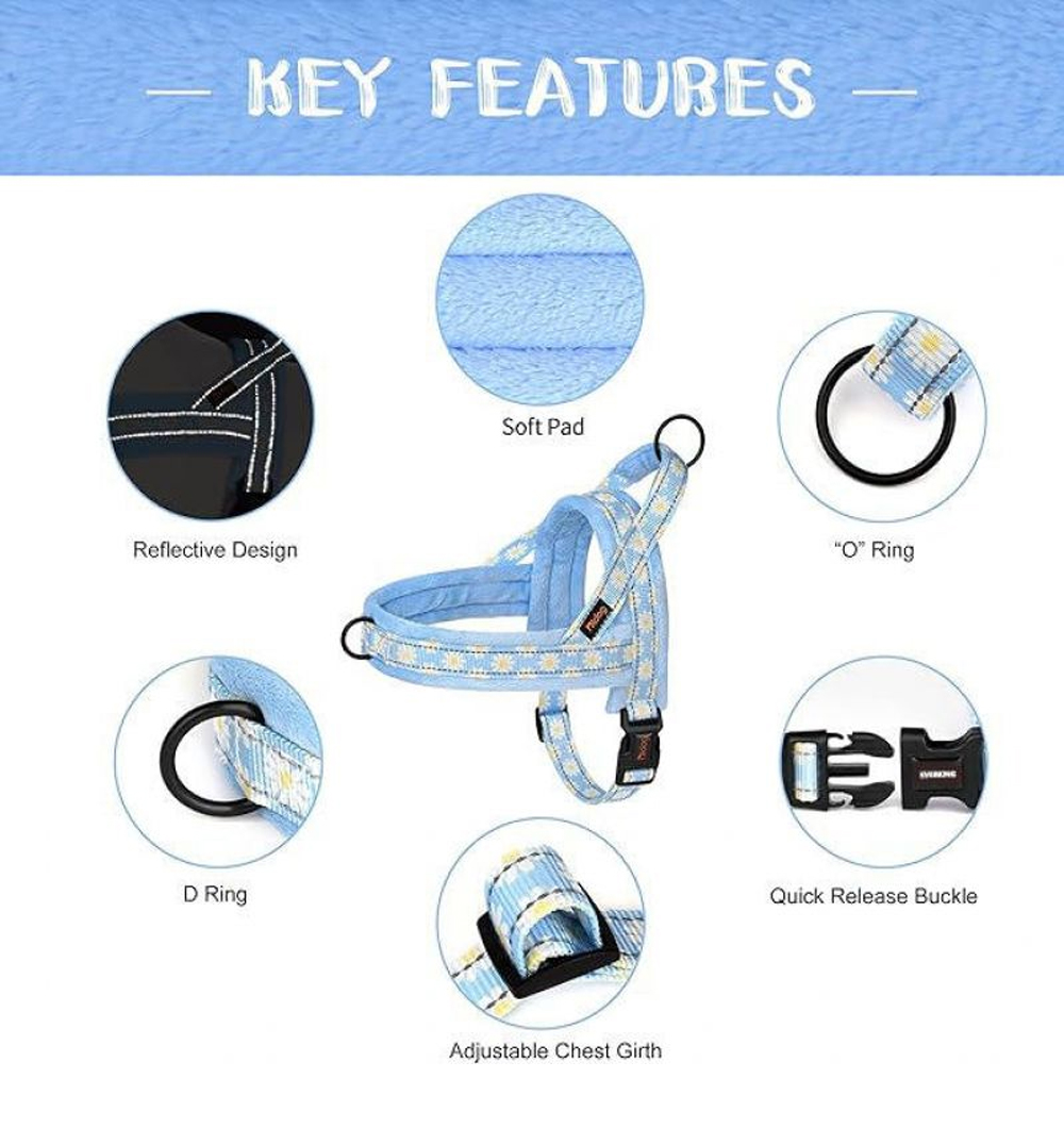 Saddle-style padded dog harness with adjustable straps and quick-release buckle