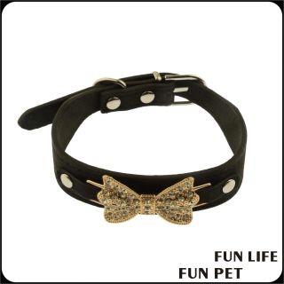 Black Rhinestone bow tie PU leather dog collar and leash for pet