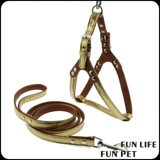 Gold PU soft leather harness leash and collar set for cat dog pet