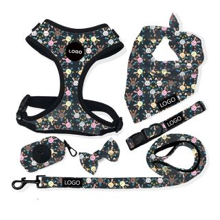 Custom Neoprene Dog Harness 6-Piece Set Adjustable Harness Leash Collar Bandana Bow Tie & Poop B